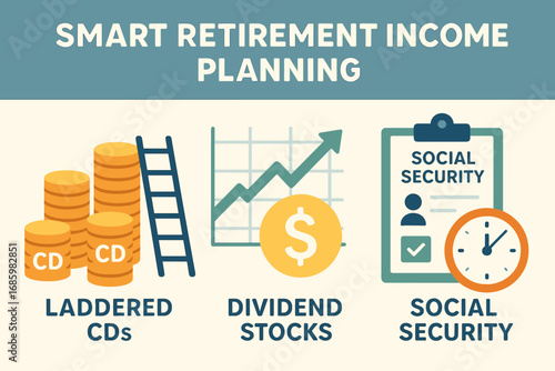 Smart Retirement Income Plan. Flat design of smart retirement income planning — laddered CDs, dividend stocks, and social security