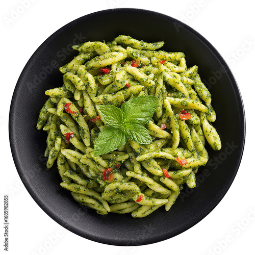 Pesto Pasta in black dish isolated on transparent background