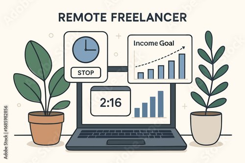 Freelancer Workspace Essentials. Modern vector layout of remote freelancer workspace — plants, laptop, time tracker app, and
