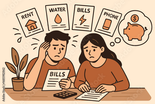 Budgeting Stress Balance. Vector art of couple calculating monthly bills — rent, water, electricity, phone — with stress vs