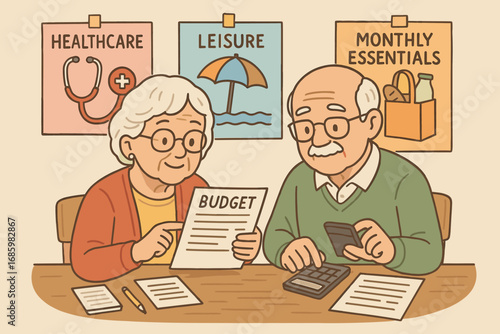 Retiree Budget Planning. Illustrated budget planning session — retirees balancing healthcare, leisure, and monthly essentials.