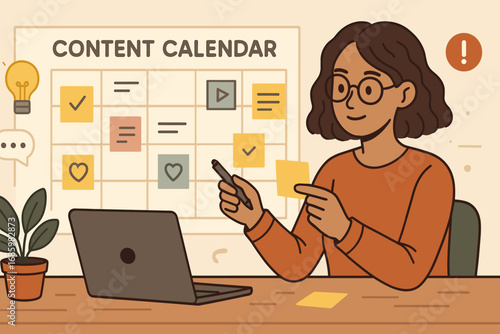 Content Calendar Planning. Horizontal banner of freelancer planning content calendar with sticky notes, icons, and deadline alerts