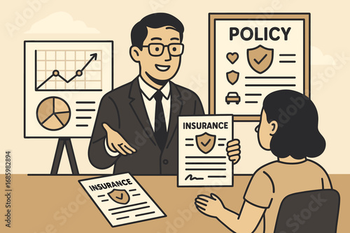 Explaining Insurance Options. Vector illustration of financial advisor explaining insurance options with charts, contracts, and