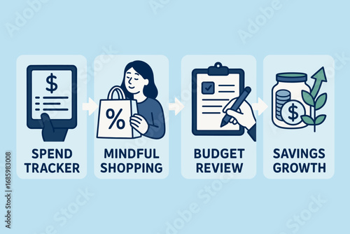 Path to Financial Growth. Banner of progress path: spend tracker → mindful shopping → budget review → savings growth.