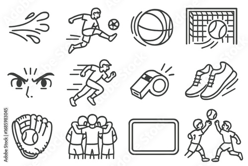 Dynamic Sports Manga Icons. Line style icons of sports manga: sweat flying, action kick, spinning ball, goal scene; determined