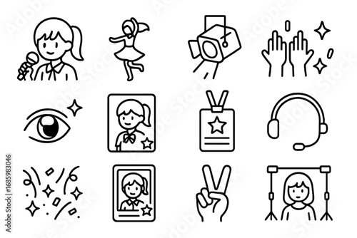 Idol Manga Icons. Line style icons of idol manga: microphone pose, dance spin, stage light, crowd hands; sparkle eye, concert