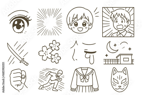 Manga Icon Elements. Line style icons of manga style comics: big eye sparkle, speed lines background, chibi face, shocked