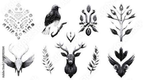 Black and White Folk Art Illustrations of Forest Animals and Plants.