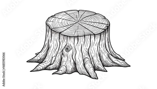 Detailed line drawing of a tree stump