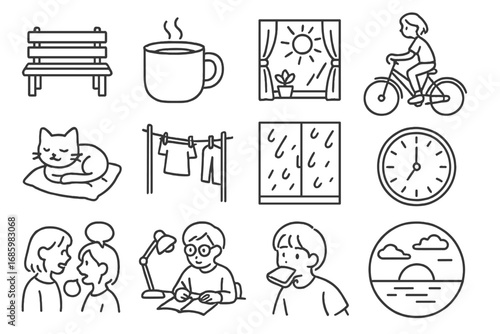 Slice-of-Life Icons. Line style icons of slice-of-life anime: park bench, tea mug, sunny room, slow bike ride; cat on cushion,