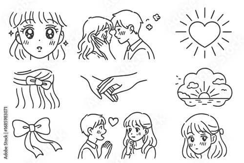 Romantic Shojo Elements. Line style icons of shojo anime: sparkly eyes, couple blushing, floral background, heart glow; hair clip
