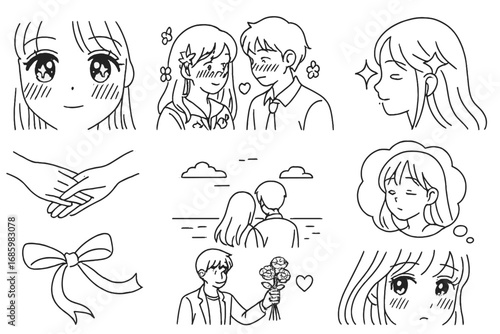 Romantic Shojo Elements. Line style icons of shojo anime: sparkly eyes, couple blushing, floral background, heart glow; hair clip