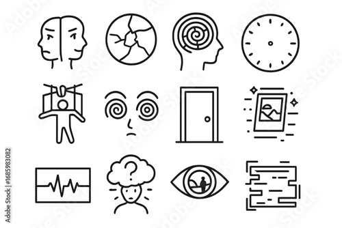 Psychological Anime Icons. Line style icons of psychological anime: dual face expression, shattered mirror, mental maze, clock