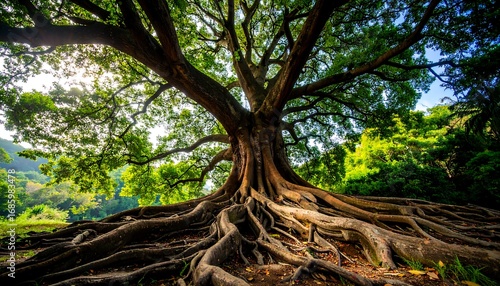 Lush, sprawling ancient tree with extensive roots. Sunlight filters through the dense canopy