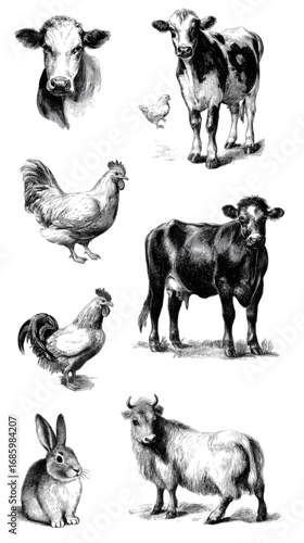 Vintage hand drawn farm animals collection sketch illustrations.