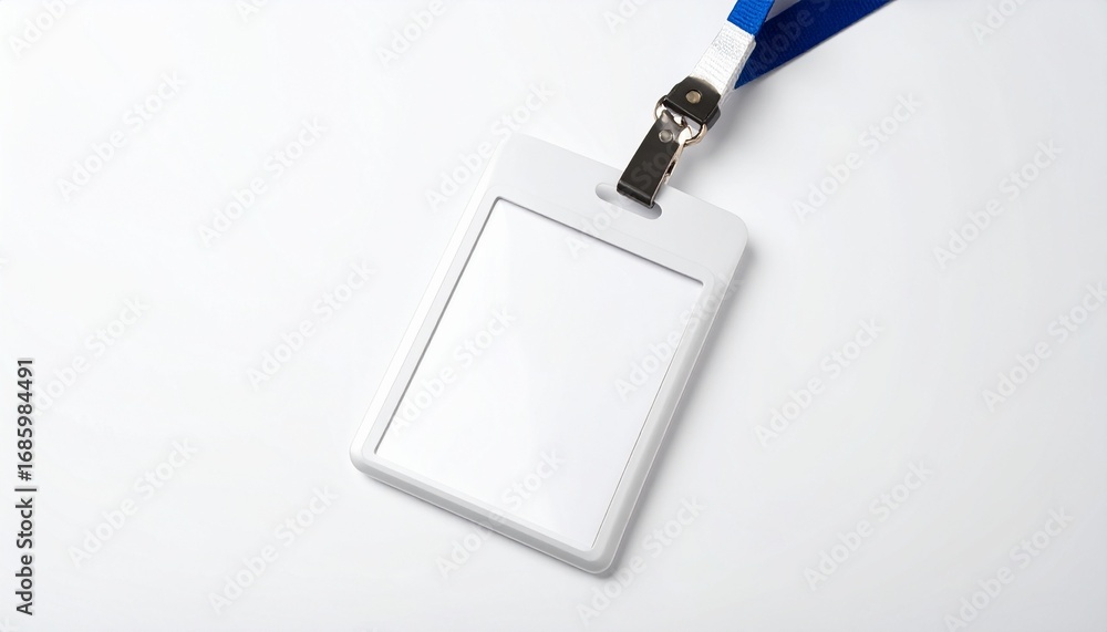 Fototapeta premium Blank white ID card with blue lanyard on a white background.