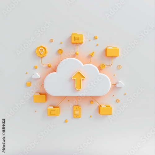 Cloud computing concept with a large white cloud icon connected to various yellow icons representing data storage sha and internet technology on a minimal background