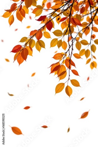 Bright autumn foliage on a tree with orange and yellow leaves falling against a white background, showcasing seasonal change and natural outdoor scenery
