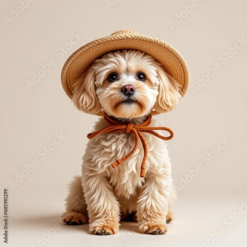 Adorable small dog wea a straw hat with a bow sitting on neutral background, cute pet portrait of a fluffy puppy with expressive eyes and curly fur
