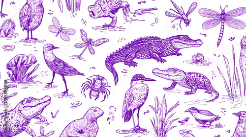 Illustrated pattern of various swamp animals in purple ink.