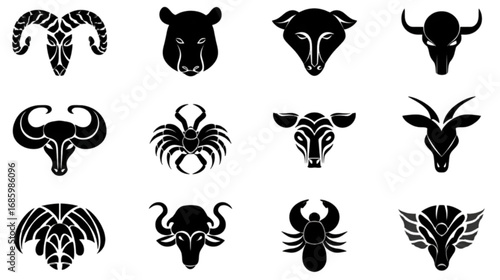 Set of Twelve Black Stylized Animal and Zodiac Icons.