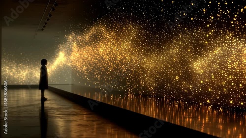 Young Girl Standing in Front of Cosmic Light Display in Gallery