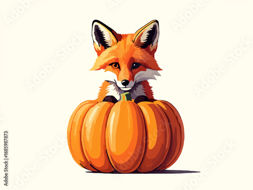Fox Peeks Over Pumpkin, Cartoon Illustration

