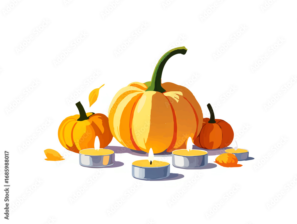 Obraz premium Mini Pumpkins and Tealights on White Background