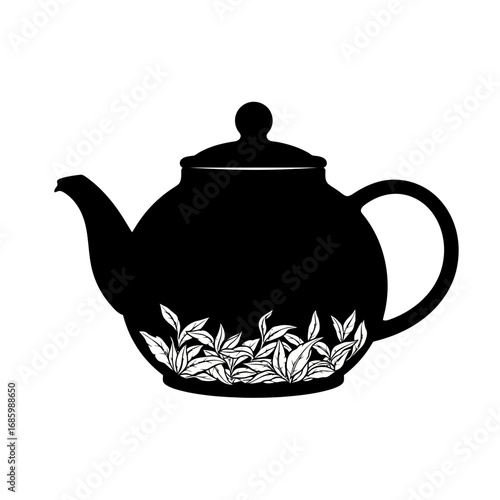 Black teapot with white leaves silhouette isolated on white background