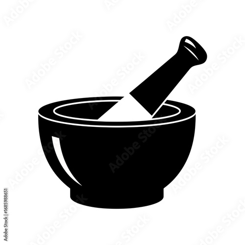 Black mortar and pestle silhouette isolated on white background