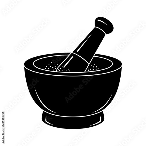 Black mortar and pestle silhouette isolated on white background