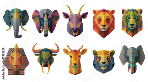 Vibrant collection of geometric polygonal animal heads and masks.