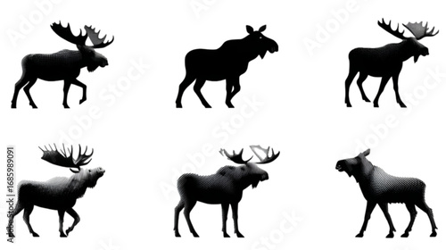 A collection of six black moose silhouettes in various poses.