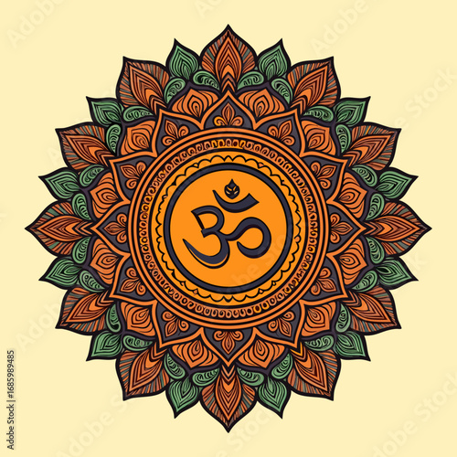 Colorful Mandala with Om Symbol Spiritual Art.