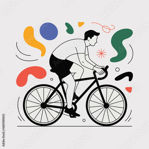 Vector of man riding a bicycle with abstract colorful shapes