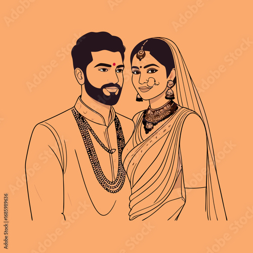 Indian Couple Portrait Wedding Ceremony Traditional Attire.