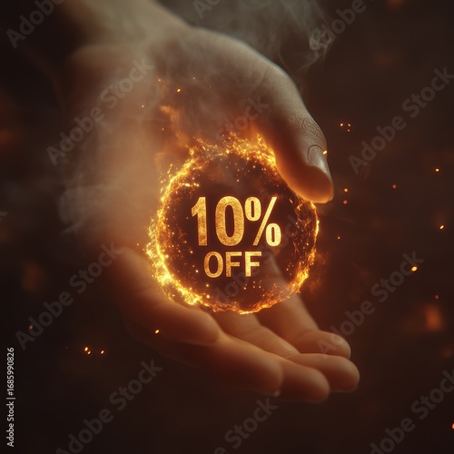 Fiery promotional mockup with 10% off discount in hand — hot sale template