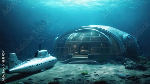 Underwater dome house with a submarine