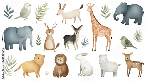A charming collection of various watercolor animals for children.