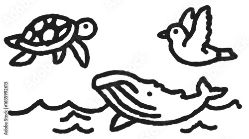 Hand drawn collection of a turtle bird and whale.