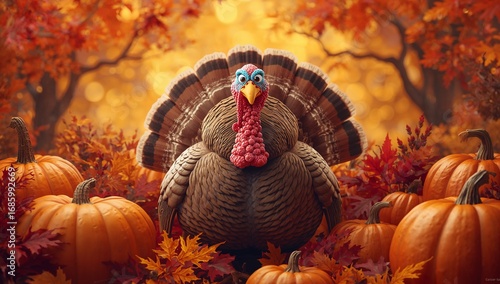 Vibrant Thanksgiving Turkey Surrounded by a Golden Harvest of Pumpkins in an Enchanted Autumn Forest.