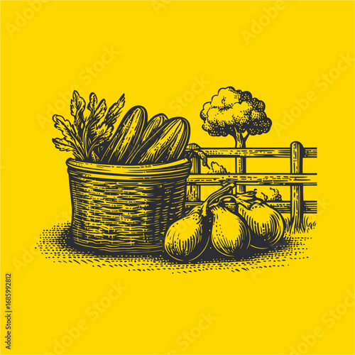 Fresh Vegetables in a Basket with Tree and Fence on Bright Yellow Background