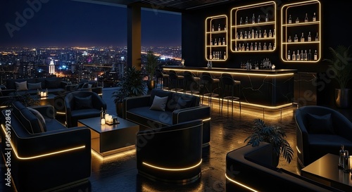 Luxurious rooftop bar at night, offering stunning city views and elegant seating.