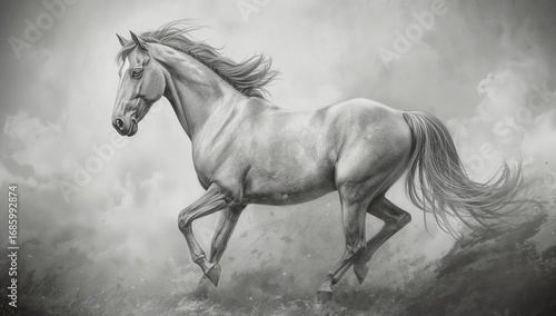 Monochromatic Majesty - A Realistic Graphite Drawing of a Spirited Horse in Motion.