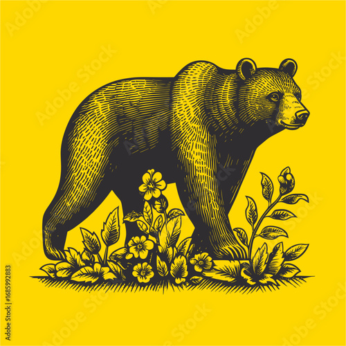 Majestic Bear Standing in Nature Amidst Vibrant Floral Background