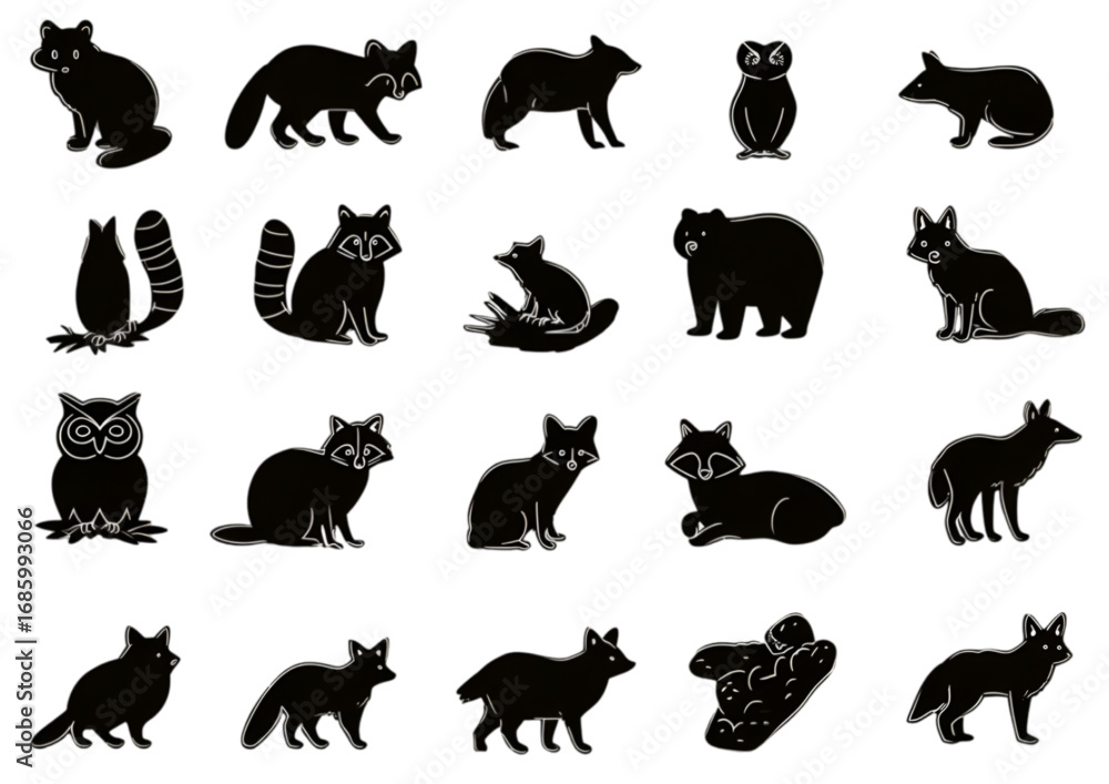 Naklejka premium Set of Black Silhouette Forest Animal Icons.