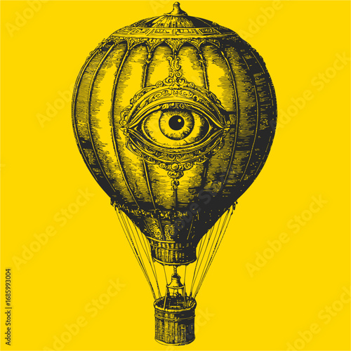 Vintage Hot Air Balloon Design with Eye Motif in Bright Yellow Background