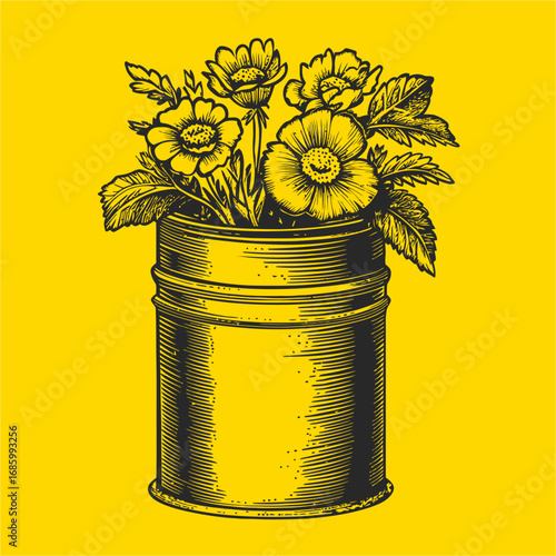Vintage Style Metal Bucket with Hand-Drawn Flower Arrangement Illustration