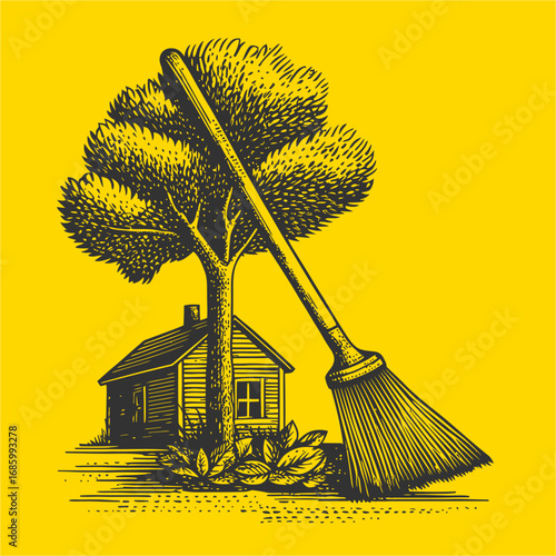 Artistic illustration of a house and tree with a broom on a yellow background