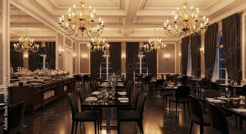 Elegant dining room interior, lavishly decorated with chandeliers and dark furniture, ready for a formal dinner.